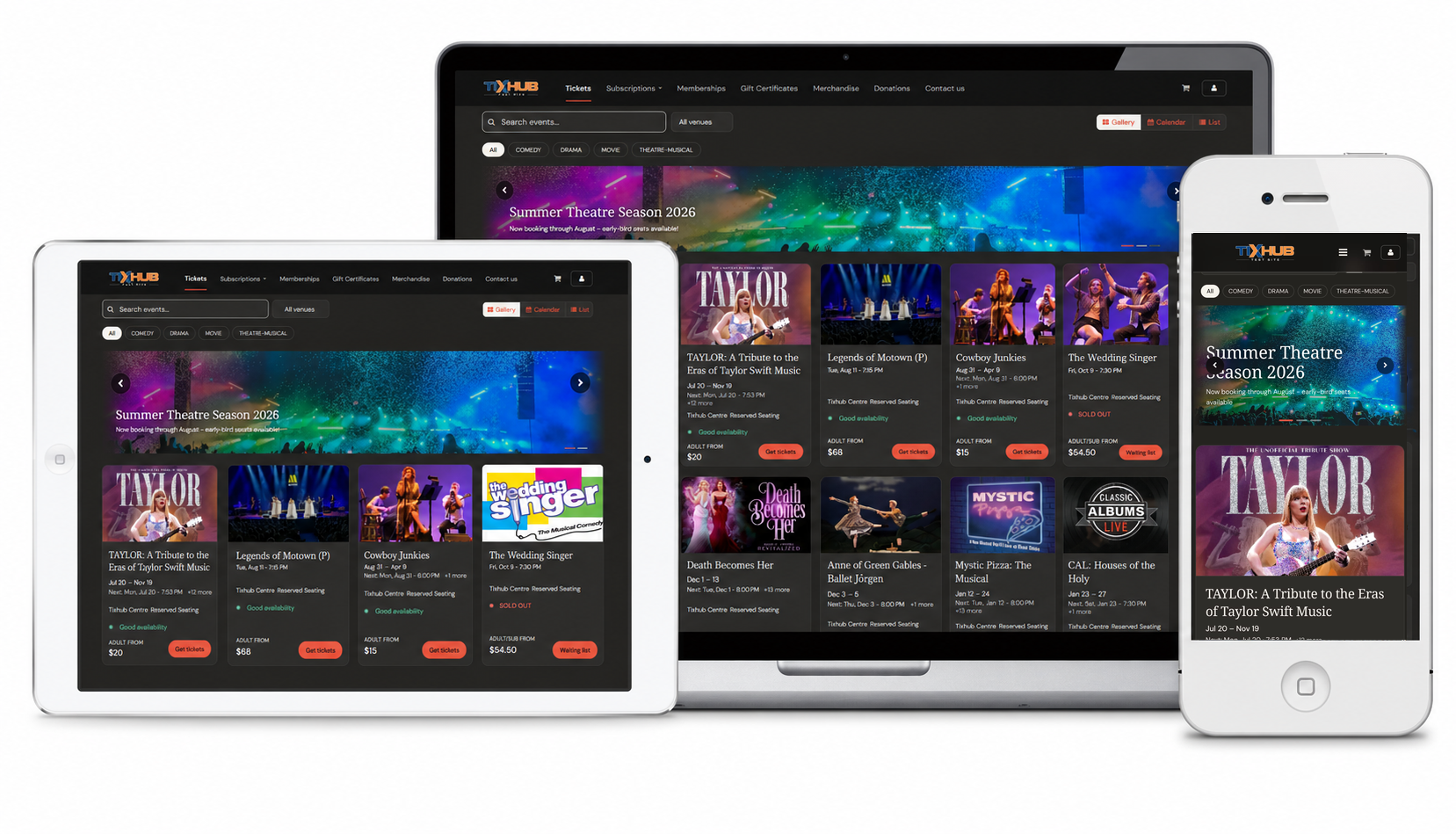 TixHub ecommerce ticketing storefront shown across laptop, tablet and mobile screens