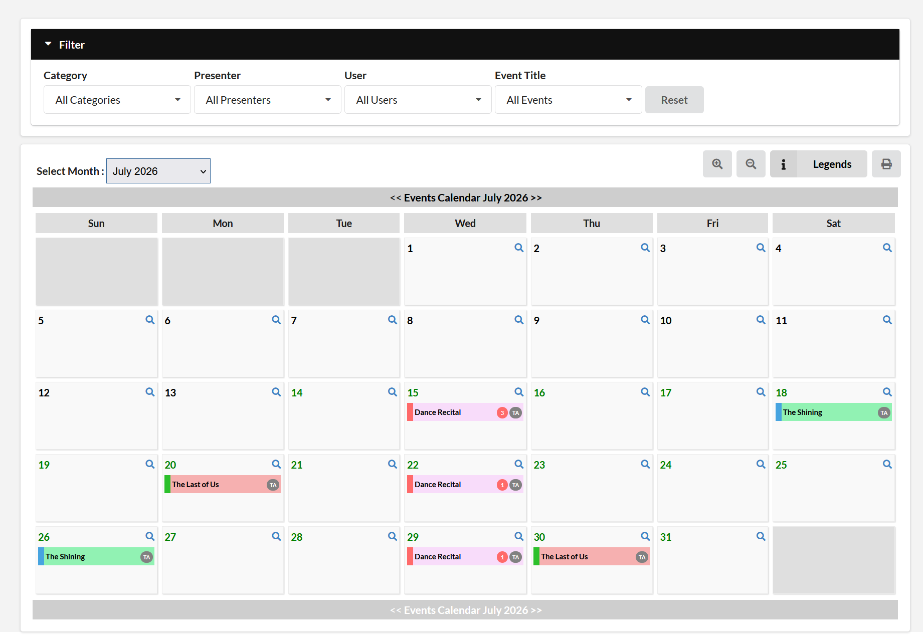 TixHub scheduler calendar view showing booked dates and event details